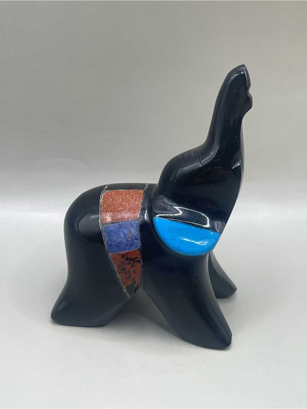 Hand carved Obsidian Elephant Trunk Up 3.5” Figurine Inlaid Semi-precious Stones